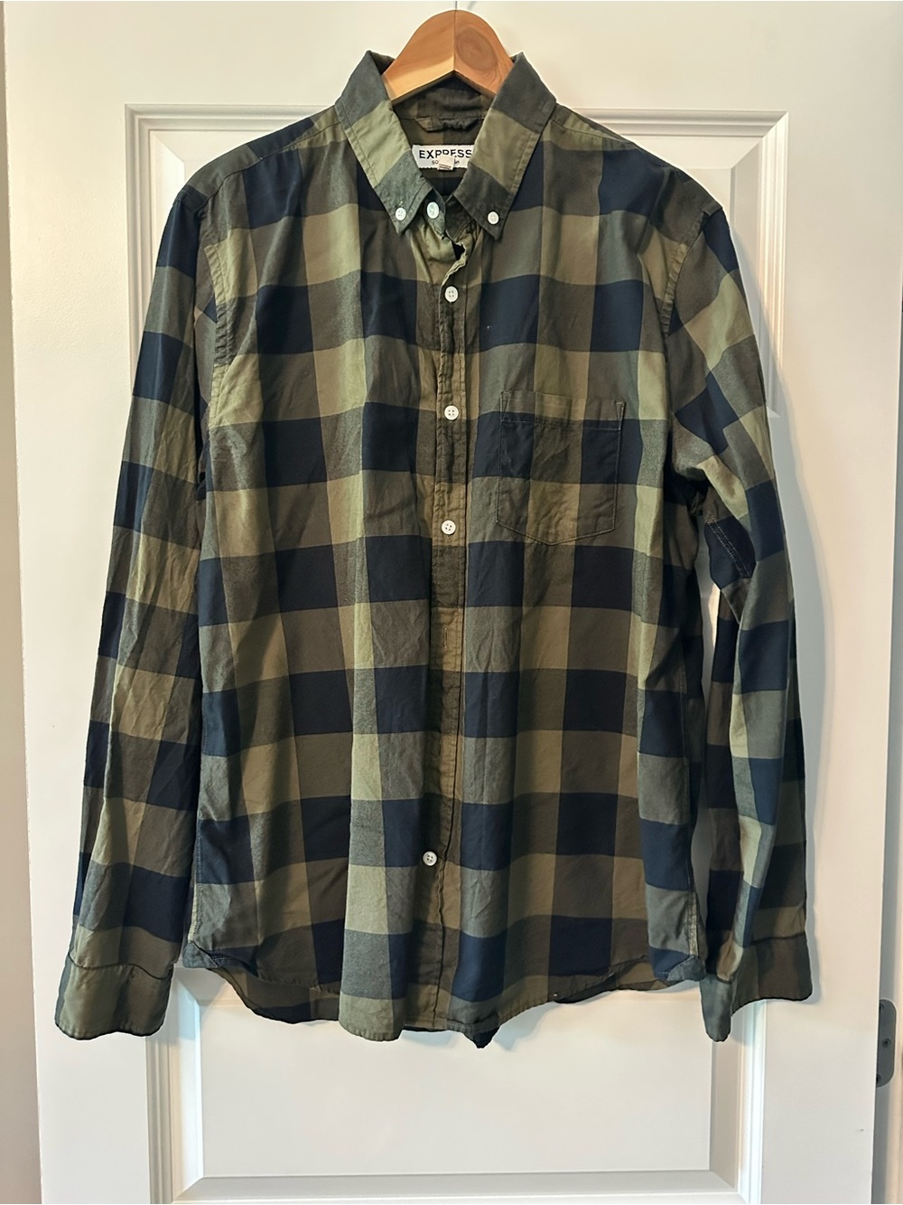 Express Men’s Olive & Navy Check Button-Down Shirt